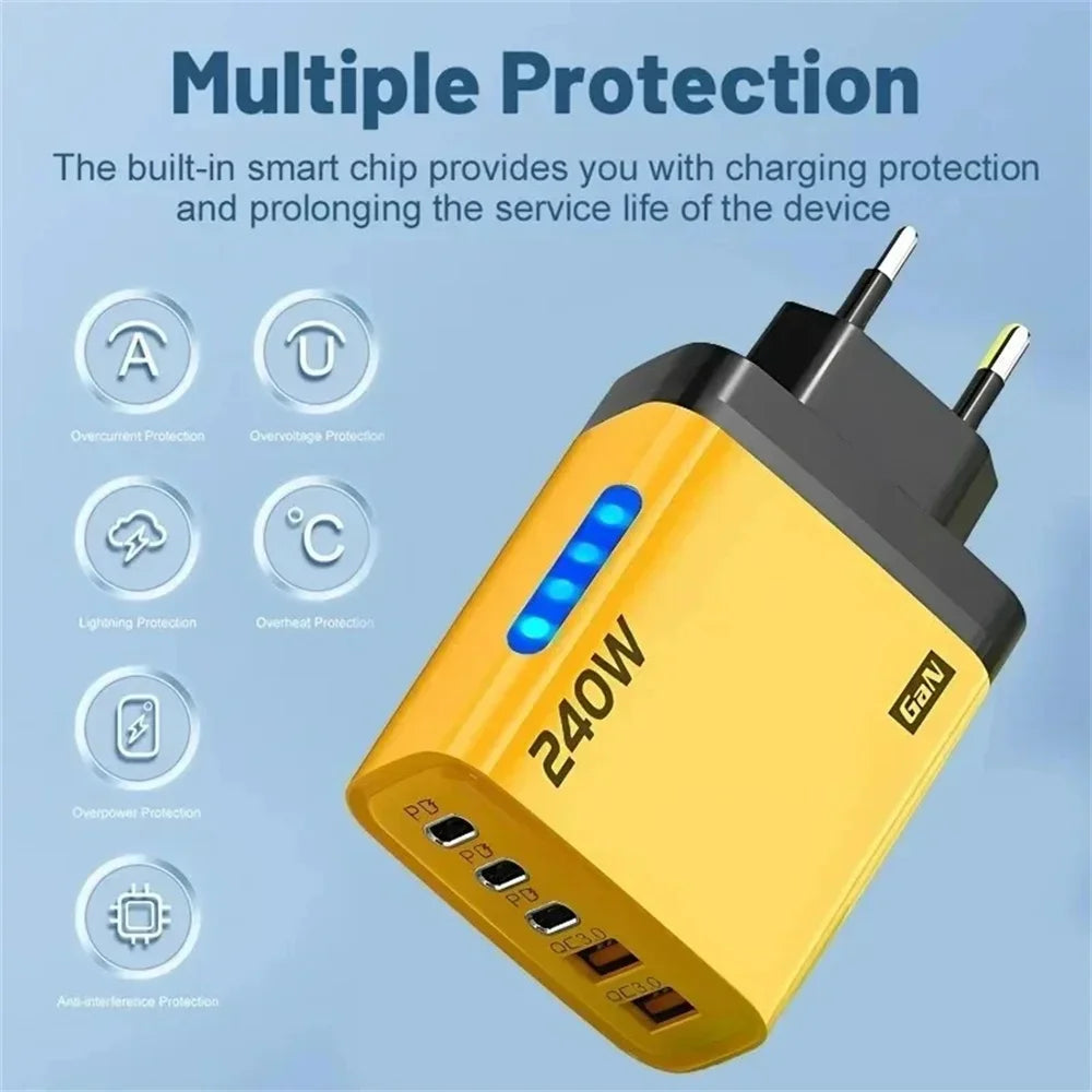 240W 5 Ports USB PD Charger Type C Quick Charge Phone Chargers USB Fast Charging Adapter For iPhone 16 Samsung Xiaomi Huawei